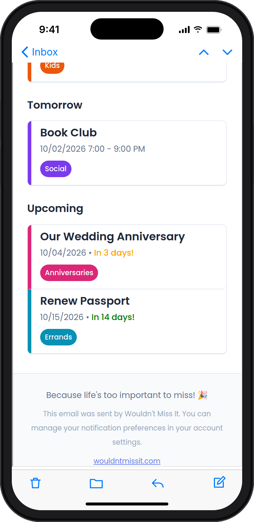 The same email scrolled to the end, with upcoming events up to two weeks away