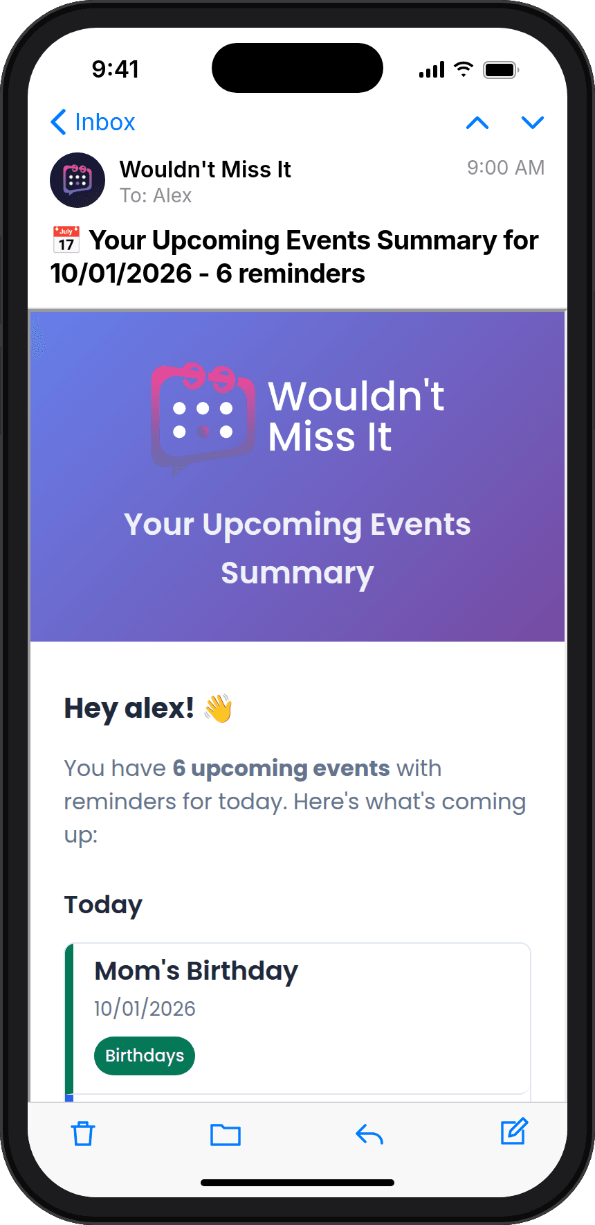 Reminder email opened on a phone, showing the summary header and the start of today's events