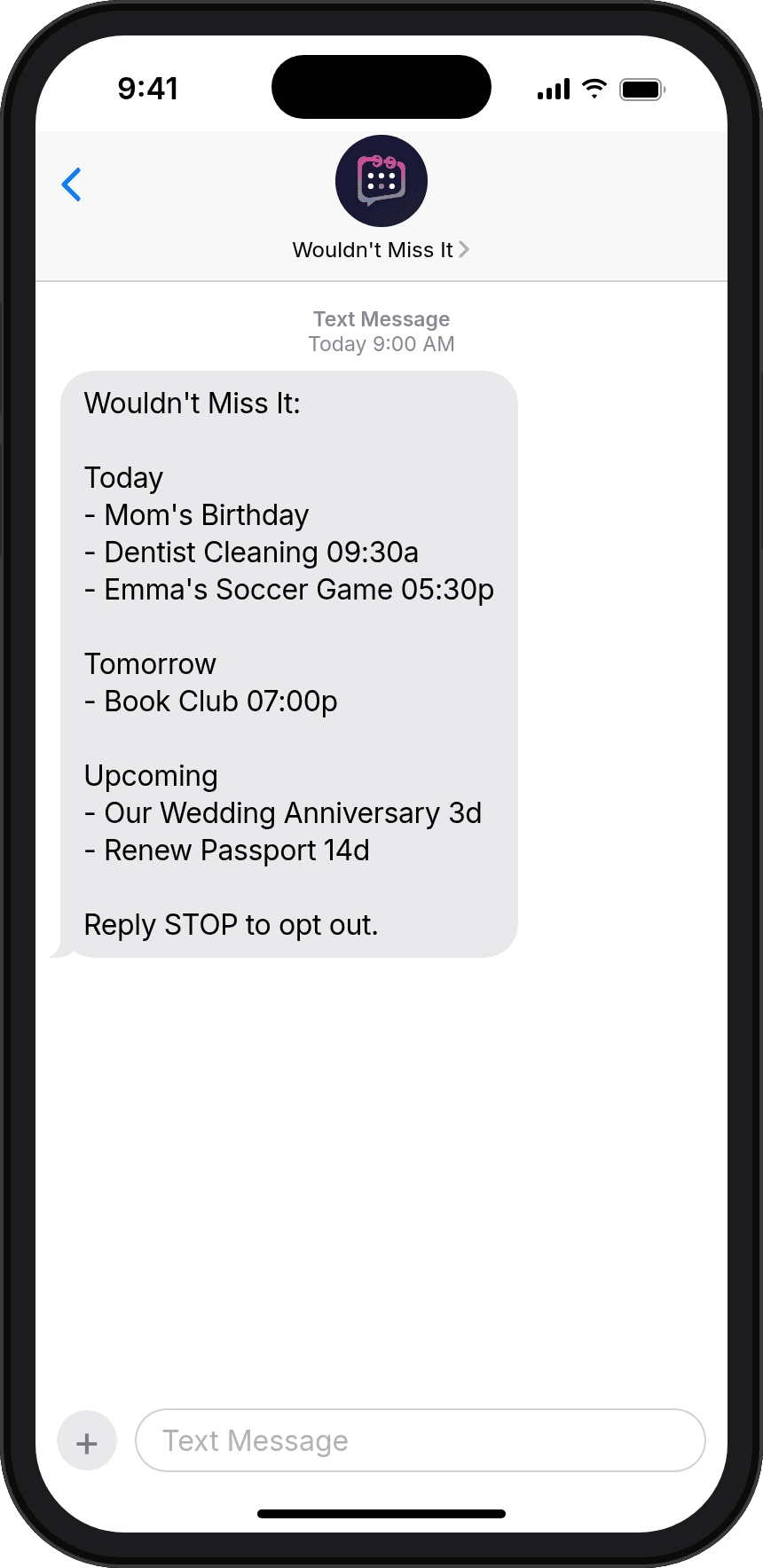 Reminder text message listing today's, tomorrow's and upcoming events
