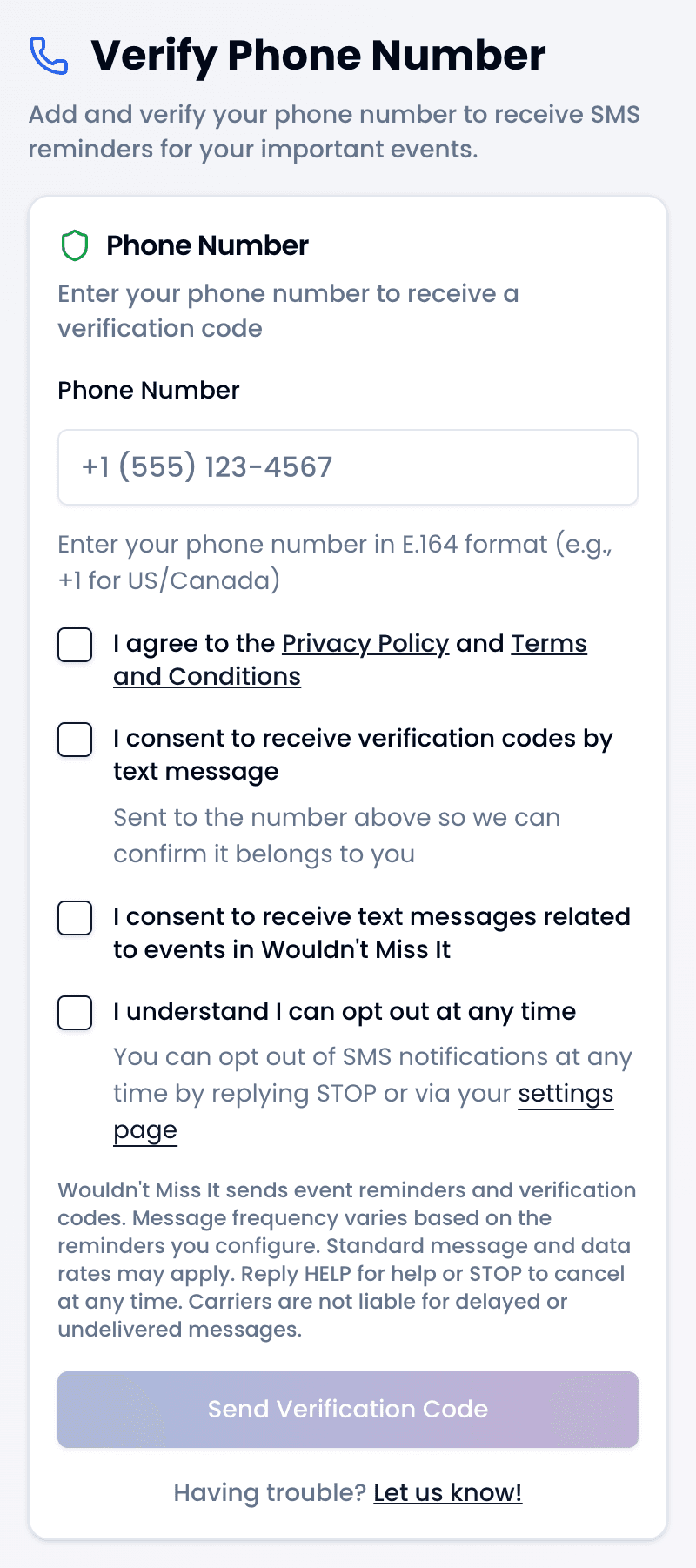 The phone verification screen showing the unchecked consent checkboxes and the SMS disclosure text.