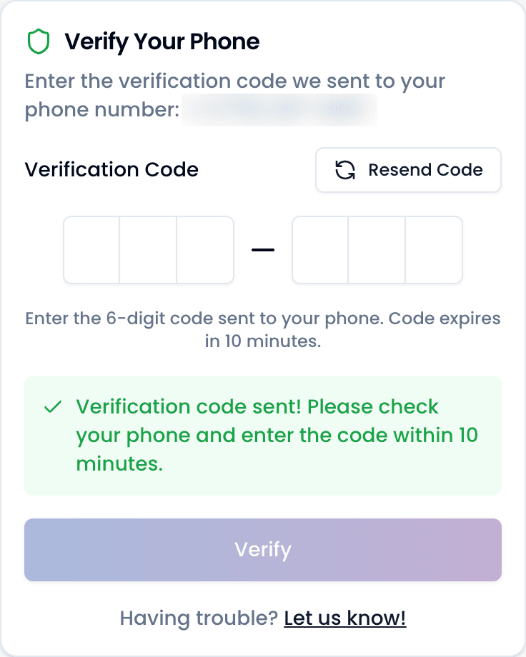 The verification code entry screen with six digit inputs.