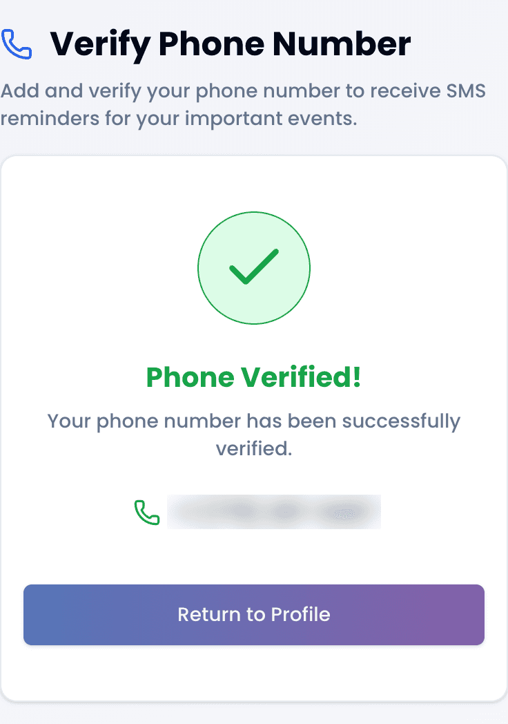 Confirmation screen showing the phone number has been verified.